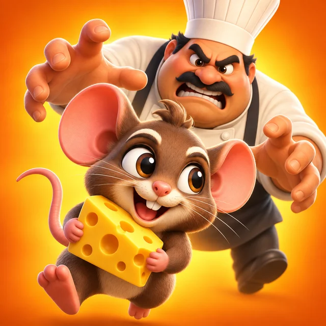 A rat and a chef tugging over a wedge of cheese